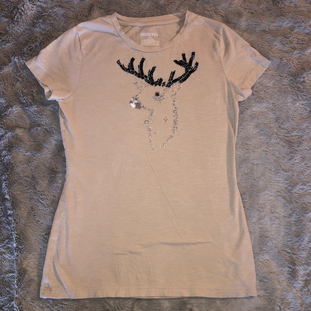Merona Tan Reindeer Bead and Sequin Short Sleeve Tee